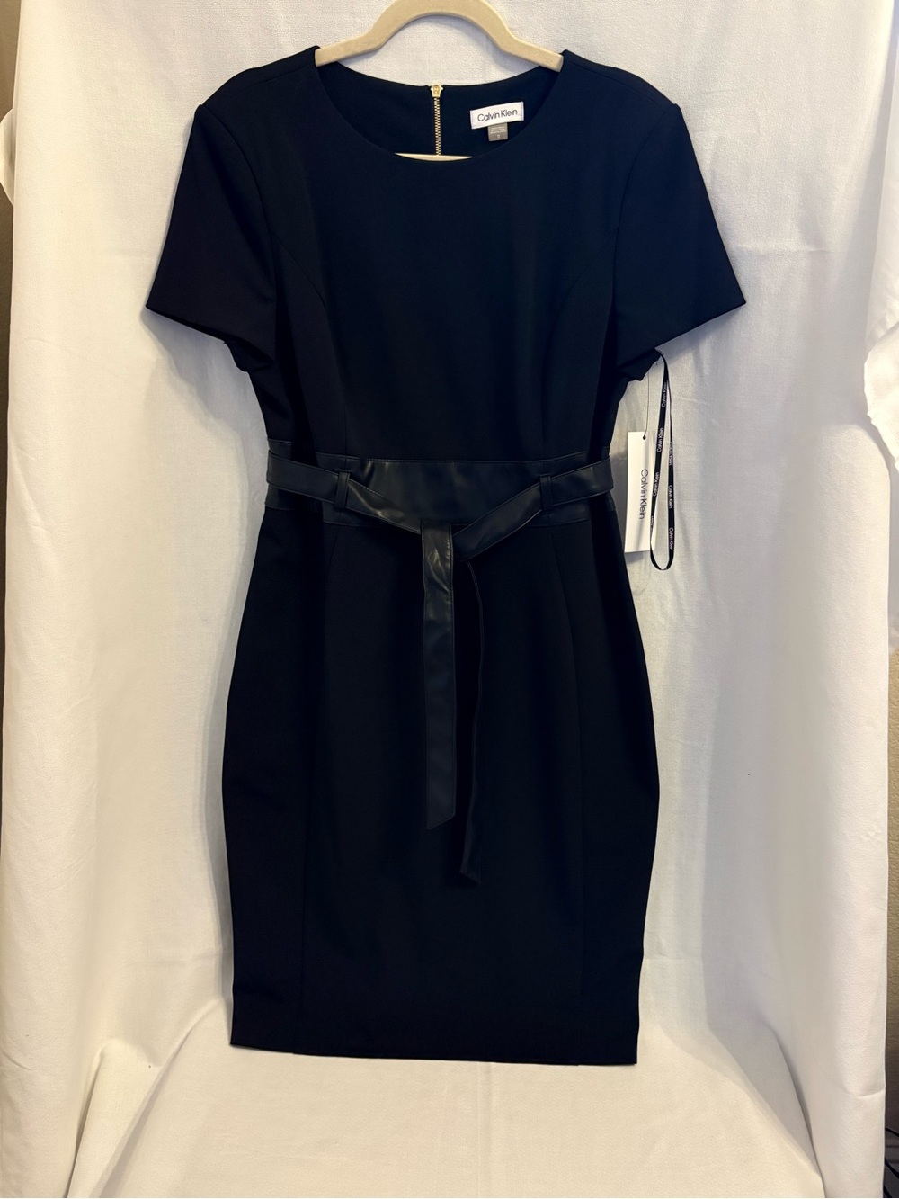 Calvin Klein Black Short-Sleeve Sheath Dress with Faux-Leather Tie
